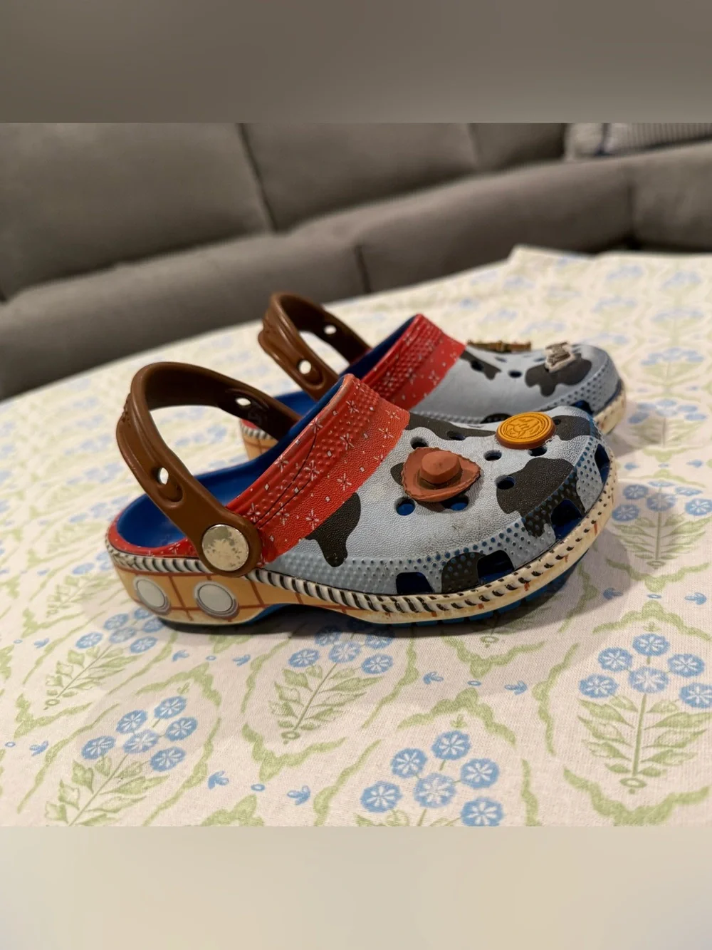 CROCS Kids Cowprint Clogs with Red Strap and Blue Insole